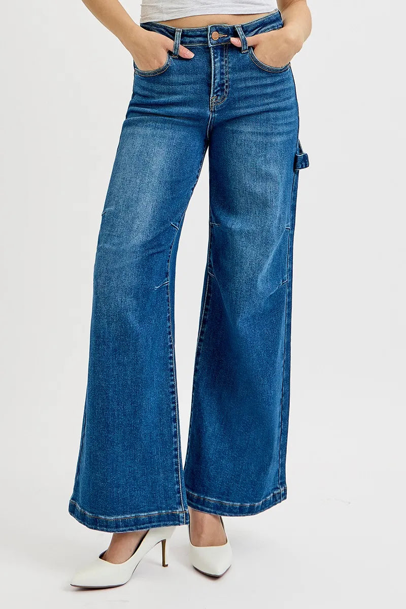 RISEN High Rise Wide Leg Patch Detailed Jeans