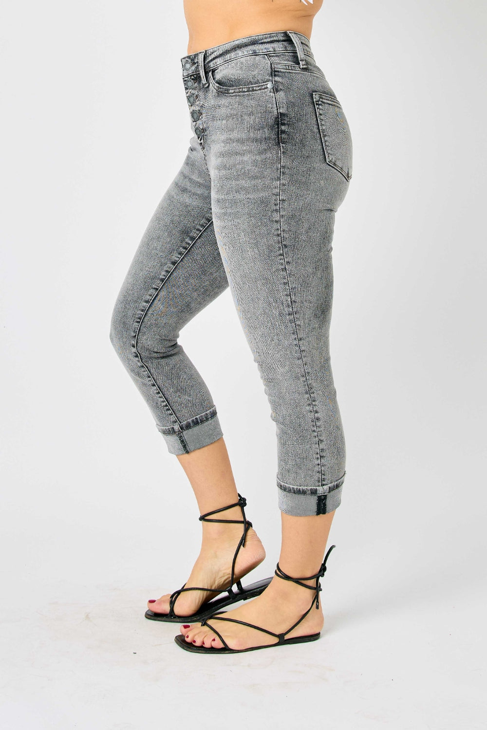 Judy Blue Sasha High Waist Cuffed Button Fly Gray Denim Capri Jeans