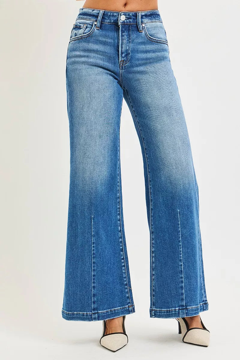 RISEN Mid Rise Wide Flared Leg Jeans