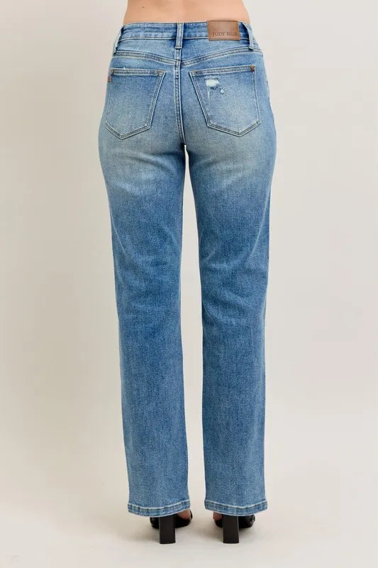 Judy Blue High Waist Vintage Wash Front Seam Slit Straight Leg Denim Jeans