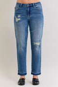 Judy Blue Mid Rise Patch & Repair Destroy Release Hem Boyfriend Jeans