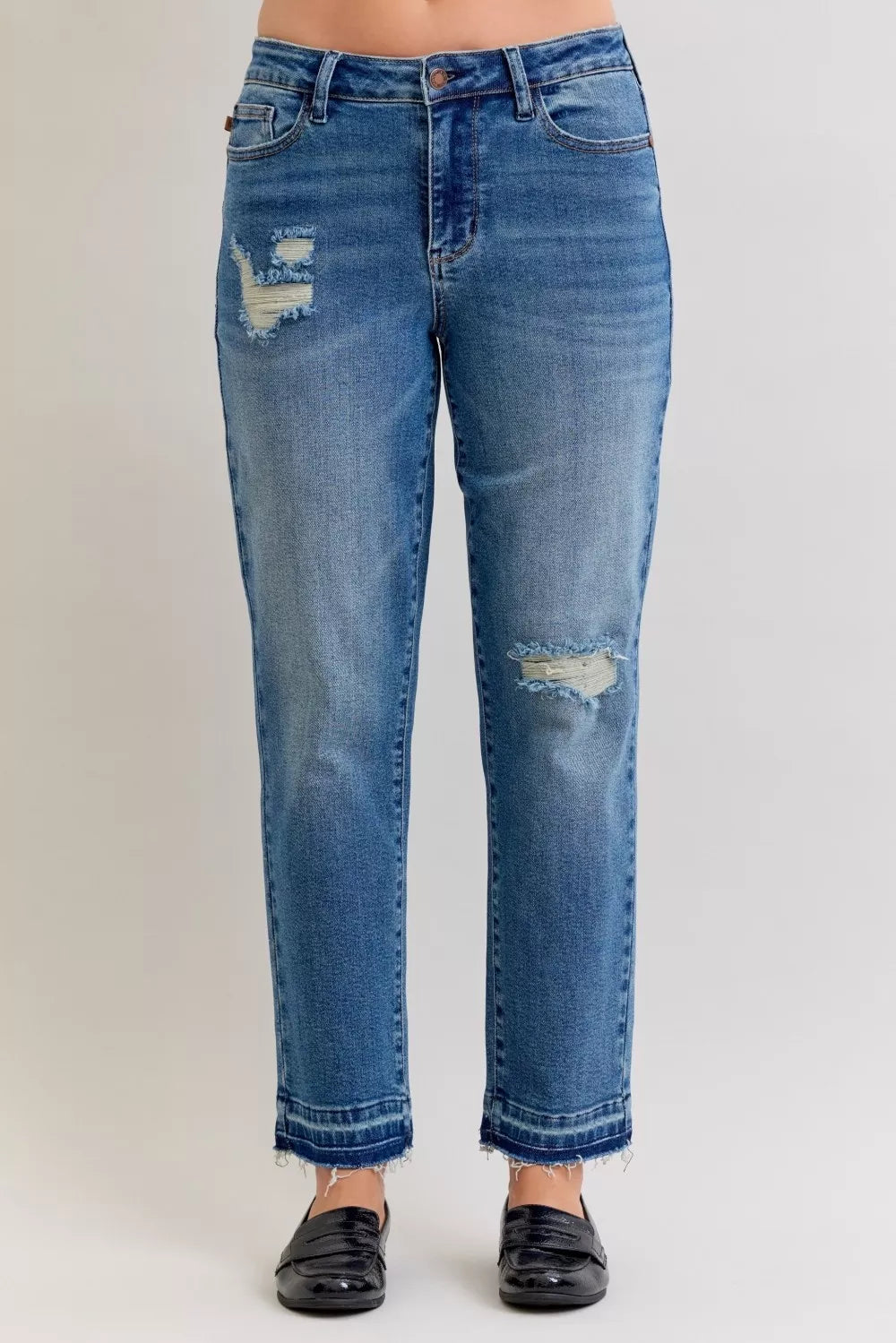 Judy Blue Mid Rise Patch & Repair Destroy Release Hem Boyfriend Jeans