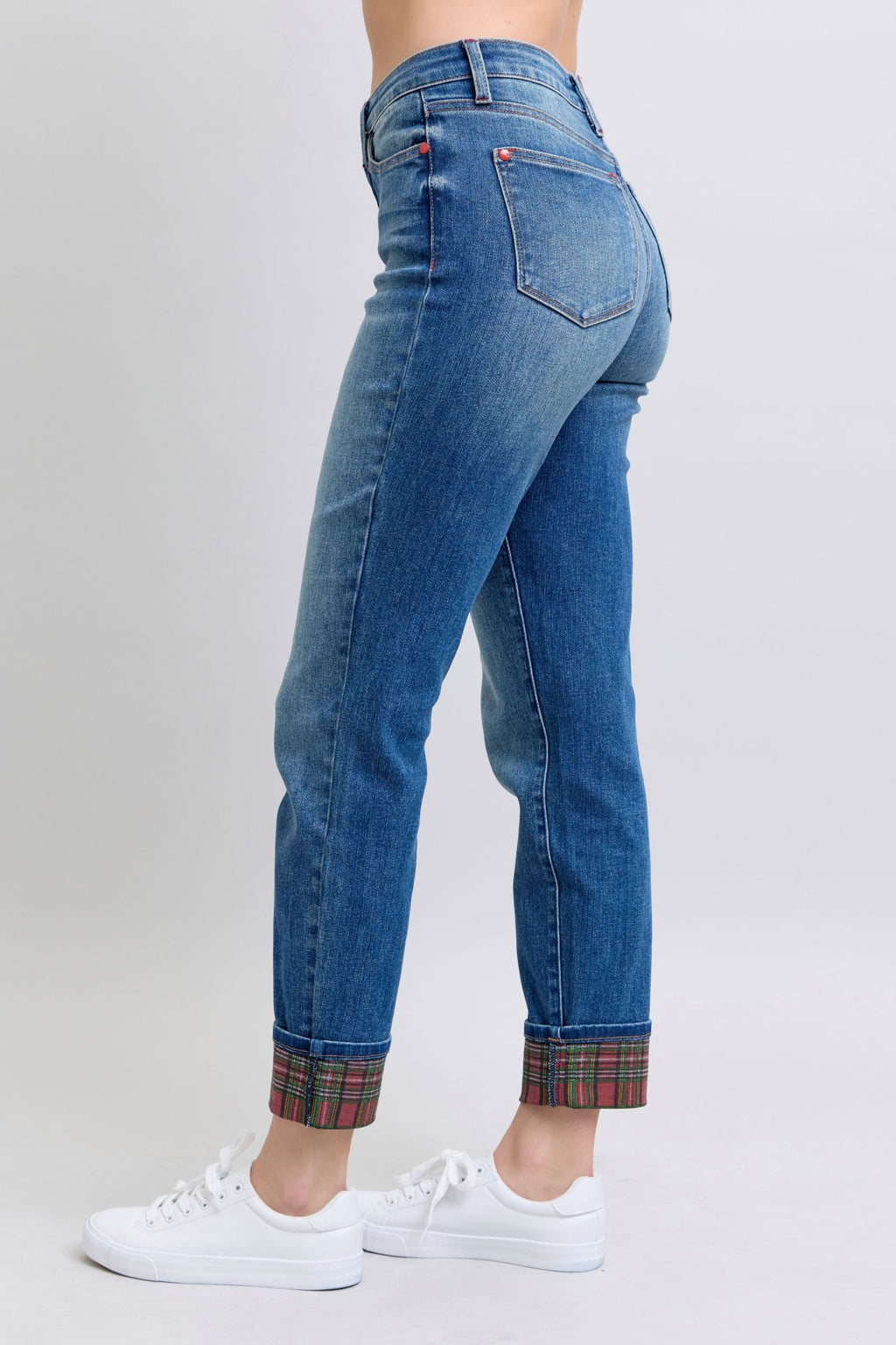 Judy Blue Plaid Cuffed Blue Denim Straight Leg Jeans
