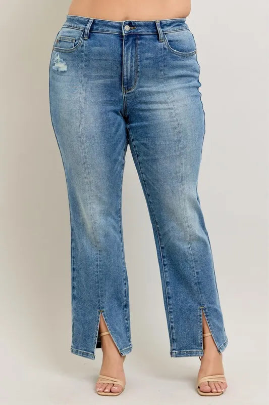 Judy Blue High Waist Vintage Wash Front Seam Slit Straight Leg Denim Jeans