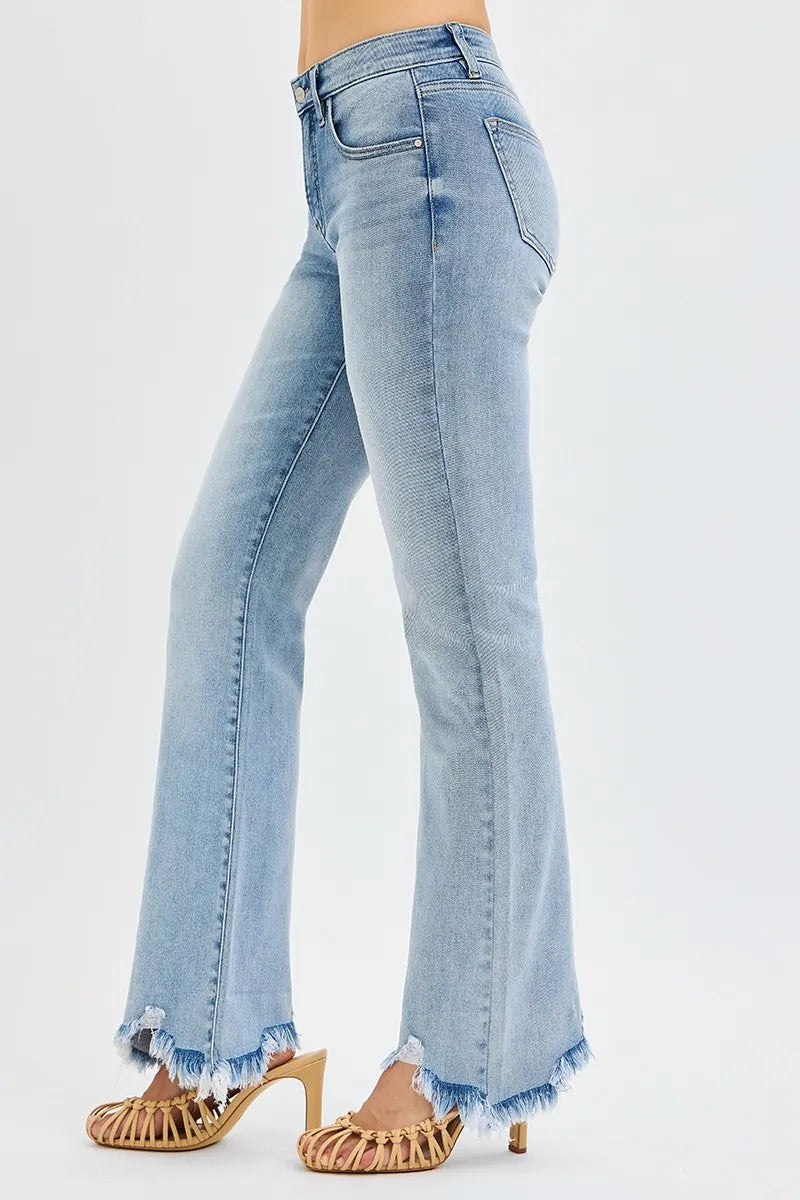 RISEN Tummy Control Mid Rise Flare Fray Hem Denim Jeans
