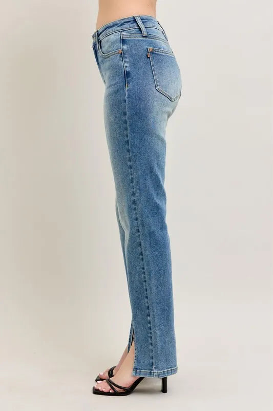 Judy Blue High Waist Vintage Wash Front Seam Slit Straight Leg Denim Jeans