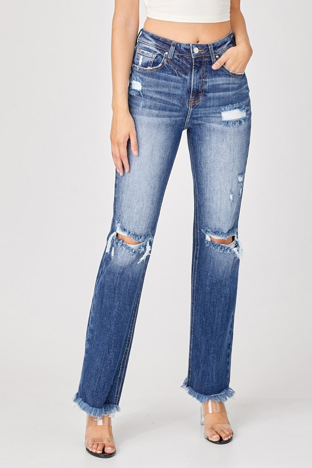 Risen Raw Hem Distressed Denim Straight Leg Jeans