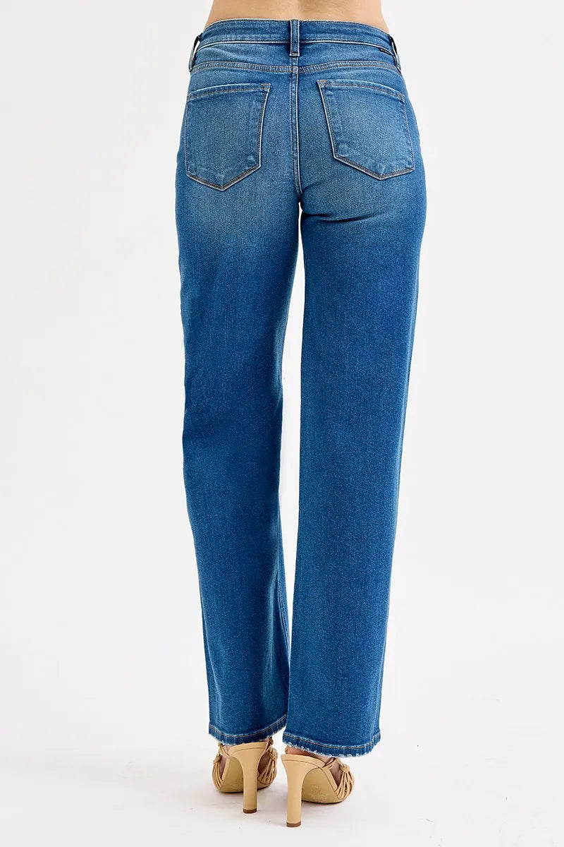 RISEN Mid Waist Fit Boyfriend Knee Distressed Jeans