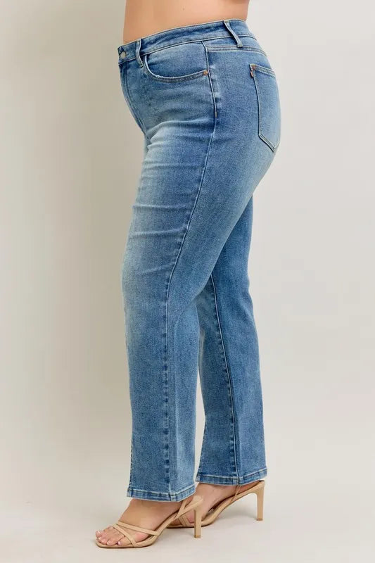 Judy Blue High Waist Vintage Wash Front Seam Slit Straight Leg Denim Jeans