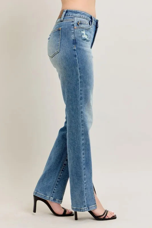 Judy Blue High Waist Vintage Wash Front Seam Slit Straight Leg Denim Jeans