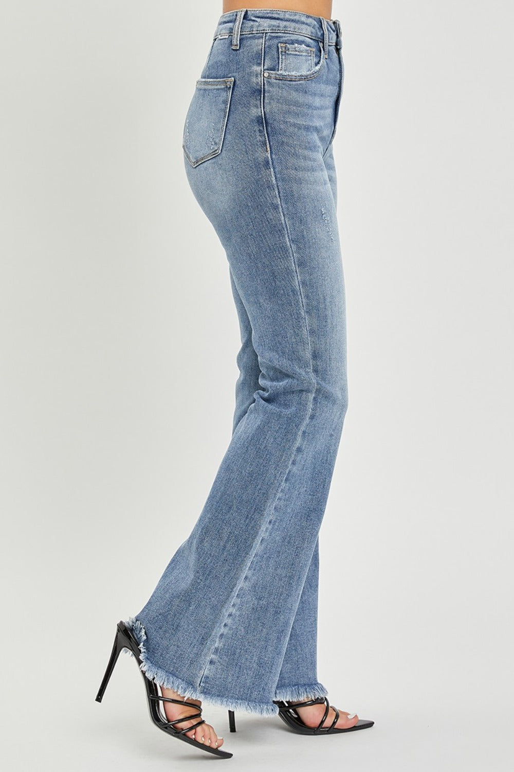 RISEN High Waist Raw Hem Flared Leg Blue Denim Jeans