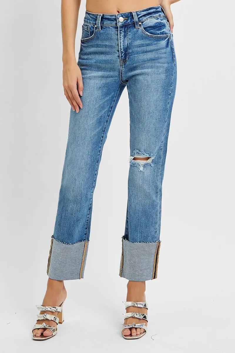 RISEN Full Size High Rise Ankle Straight Wide Cuffed Jeans Plus Size