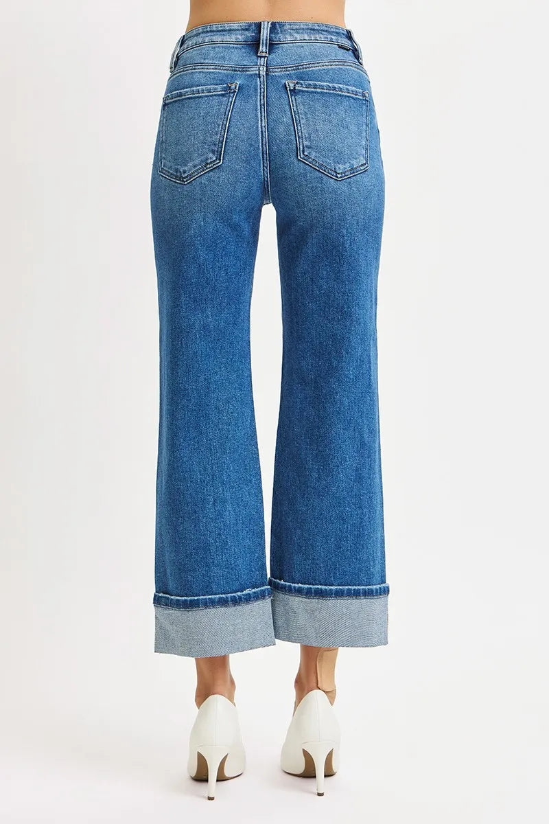 RISEN  Mid Rise Crop Straight Cuffed Jeans