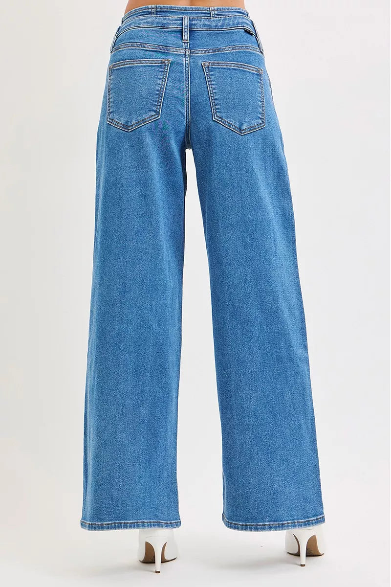 RISEN Mid Rise Fit Wide Leg Pleated Jeans