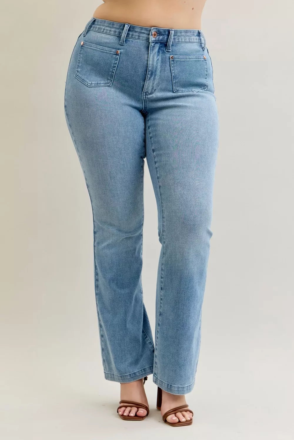 Judy Blue Mid Rise Bootcut Jeans with Contrast Wash Front Patch Pockets