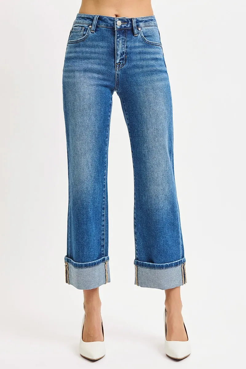 RISEN  Mid Rise Crop Straight Cuffed Jeans