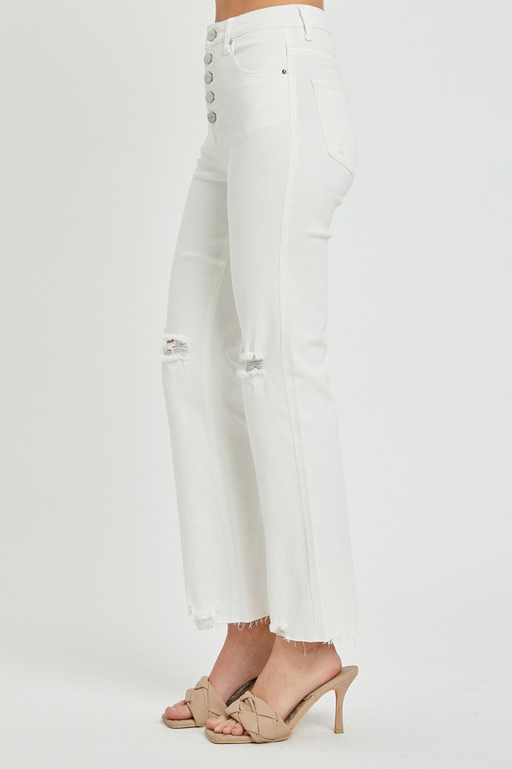 RISEN High Rise Button Fly White Denim Straight Leg Jeans