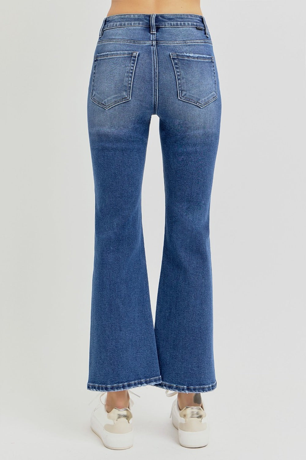 RISEN High Rise Distressed Crop Flared Leg Blue Denim Jeans