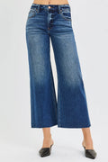 RISEN Mid Rise Crop Wide Raw Cut Hem Jeans