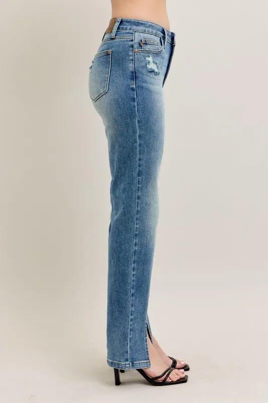 Judy Blue High Waist Vintage Wash Front Seam Slit Straight Leg Denim Jeans