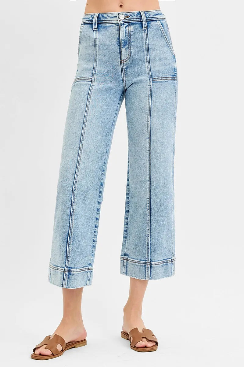 RISEN High Rise Crop Wide Front Seam Detailed Jeans