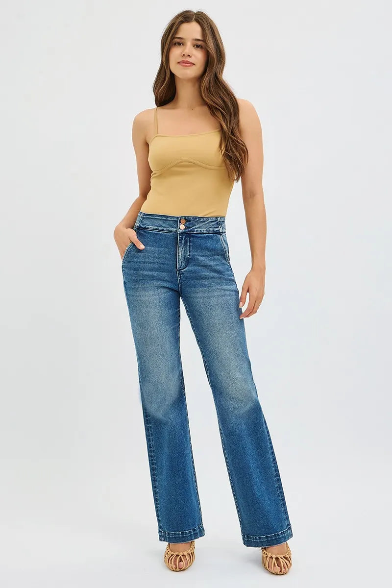 RISEN Tummy Control High Rise Bootcut Jeans with Double Button Waistband