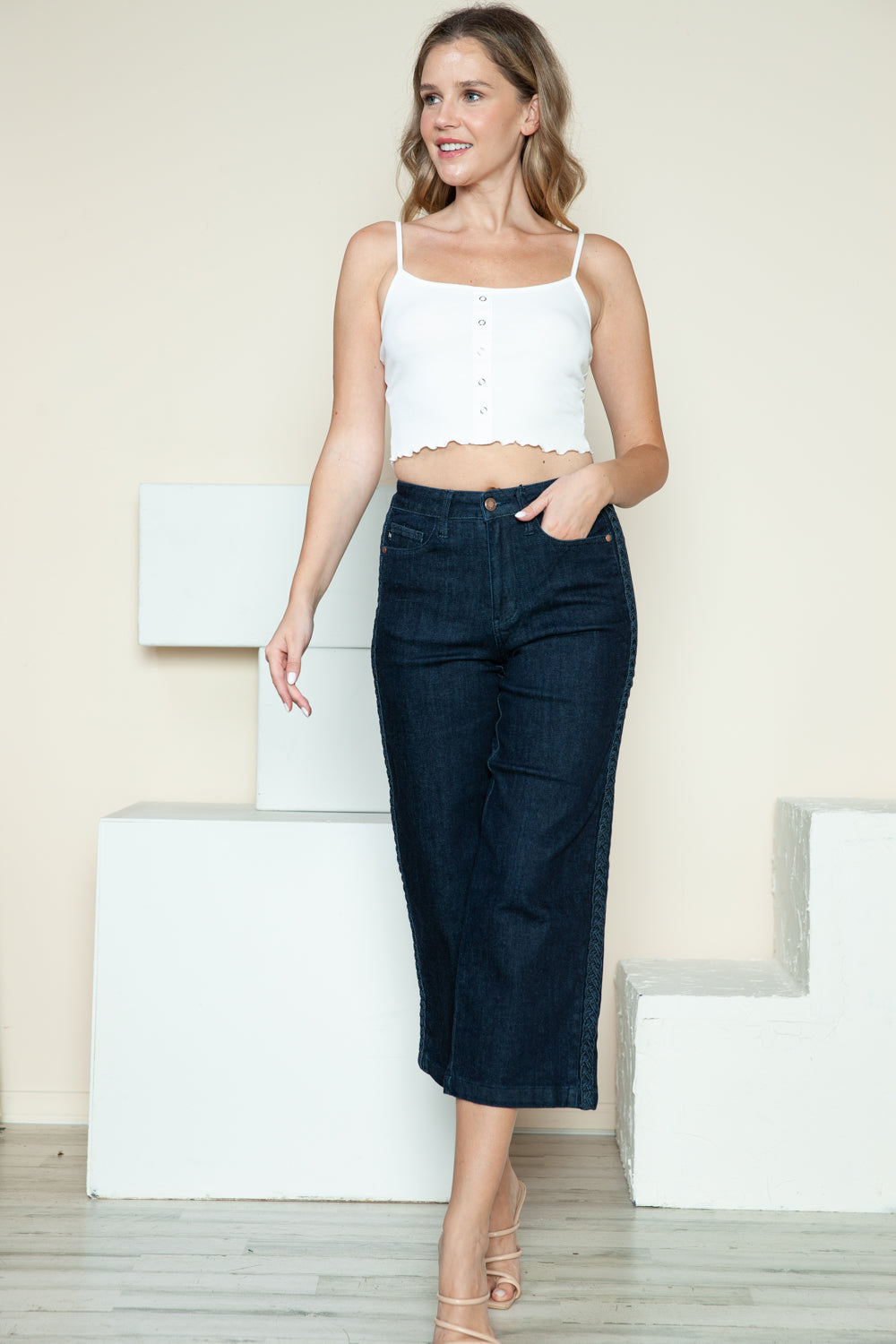 Judy Blue Side Seam Braid Detail Crop Wide Leg Blue Wash Denim Jeans
