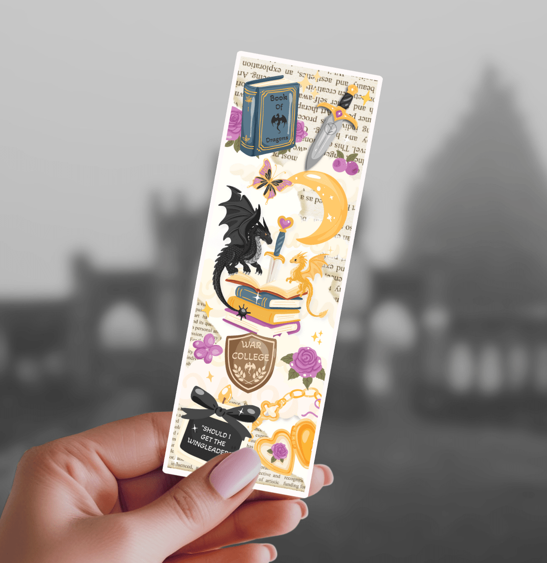 Fourth Wing Inspired Dagger Book Dragon Symbols Cardstock Bookmark - Sparkle Finish